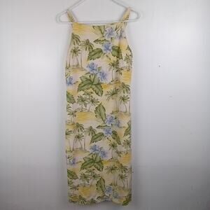Vintage 90s Tommy Bahama 100% Silk Dress 4 Yellow Floral Hawaiian Midi Sleeveles